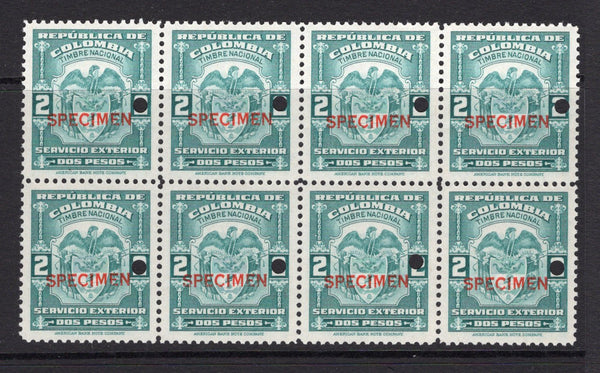 COLOMBIA - 1940 - REVENUE, SPECIMEN & MULTIPLE: Circa 1940. 2p turquoise 'Arms' REVENUE issue inscribed 'Timbre Nacional Servicio Exterior'. A fine block of eight each stamp with 'SPECIMEN' opt in red and small hole punch. Ex ABNCo. archive.  (COL/29458)