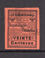 COLOMBIAN STATES - CAUCA - 1902 - PROVISIONAL ISSUE: 20c black on orange, imperf, a fine cds used copy. (SG 3)  (COL/30516)