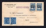 COLOMBIAN AIRMAILS - SCADTA - 1925 - CONSULAR OVERPRINTS: Cover from NEW YORK with printed return address at top left franked with pair 1924 3c blue national issue and pair 1923 30c blue SCADTA issue with 'EU' consular overprint for use in the USA (SG 404 & 30F) tied by BARRANQUILLA SCADTA cds's dated 1925 with straight line 'CORREO AEREO' marking in purple. Addressed to BOGOTA with arrival cds on reverse.  (COL31560)