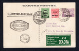 COLOMBIAN AIRMAILS - SCADTA - 1931 - ZEPPELIN & COMBINATION MAIL: Plain postcard franked with Brazil 1931 200rs on 300rs rose red and 2500rs on 3000rs violet AIR issue (SG 505 & 510) tied by RIO DE JANEIRO cds dated 22 X. 1931 with added SCADTA 1930 10c on 80c yellowish green 'Death Centenary of Bolivar' overprint issue (SG 70) tied by CALI SCADTA cds dated 24. XI. 1931 with white on green 'POR CORREO AEREO VIA SCADTA' airmail label, straight line 'VIA CONDOR-ZEPPELIN' cachet and oval 'SERVICIO AEREO ZEPPE