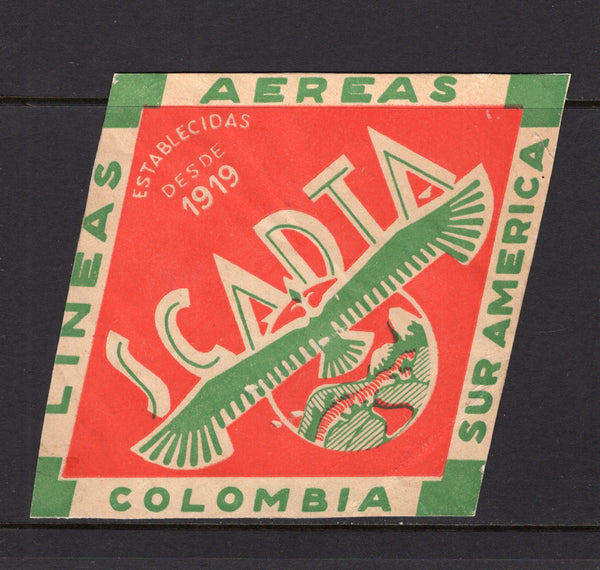 COLOMBIAN AIRMAILS - SCADTA - 1930 - BAGGAGE LABEL: Large green & red diamond shaped BAGGAGE label with SCADTA emblem and inscribed 'LINEAS AEREAS COLOMBIA SUR AMERICA ESTABLECIDAS DESDE 1919 SCADTA'. Attached to backing paper. Very attractive.  (COL/31910)