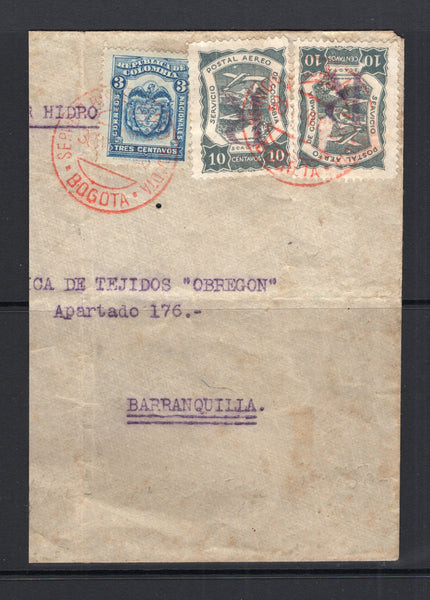 COLOMBIAN AIRMAILS - SCADTA - 1921 - REGISTRATION ISSUE & VARIETY: 10c slate green with medium 'R' handstamp in violet, two copies, one with variety OVERPRINT INVERTED (the other with a surface scuff) tied on large part cover with 1923 3c blue 'National' issue by BOGOTA SCADTA cds's in red dated 30. VI. 1923. Very scarce. (SG R31 & 394)  (COL/31990)