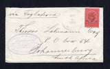 COLOMBIA - 1895 - DESTINATION: Cover franked with 1892 10c brown on rose (SG 155) tied by MEDELLIN duplex cds dated NOV 22 1895. Addressed to JOHANNESBURG, SOUTH AFRICA with BARRANQUILLA transit cds on reverse.  (COL/32038)