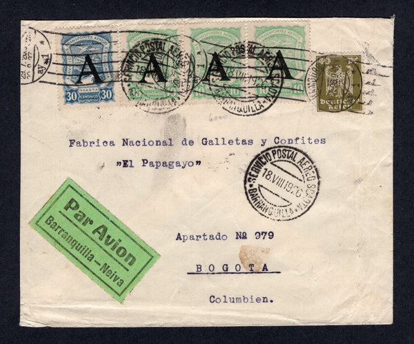 COLOMBIAN AIRMAILS - SCADTA - 1926 - CONSULAR OVERPRINTS & COMBINATION MAIL: Cover franked with Germany 1924 40pf olive green (SG 374) and 1923 strip of three 10c light green and 30c dull blue SCADTA issue with 'A' consular overprint for use in the GERMANY (SG 27A & 30A) tied by HAMBURG machine cancel dated 29. 7. 1926 and by BARRANQUILLA SCADTA cds's with black on green 'Par Avion Barranquilla - Neiva' airmail label alongside. Addressed to BOGOTA with arrival cds on reverse.  (COL/32041)