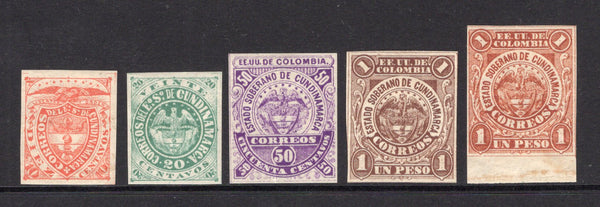 COLOMBIAN STATES - CUNDINAMARCA - 1877 - CLASSIC ISSUES: 'Arms' issue on wove paper (1883 printing), the set of four plus the 1p chestnut shade all fine mint four margin copies. A scarce set. (SG 5/8 & 8a)  (COL/33338)