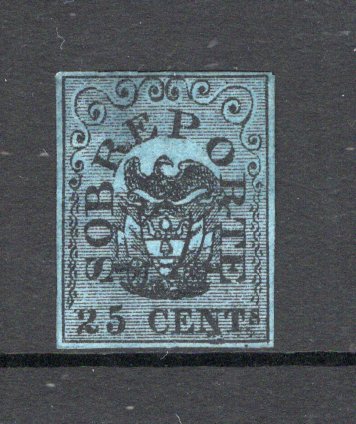 COLOMBIA - 1865 - CLASSIC ISSUES: 25c black on blue 'SOBREPORTE' issue, a good unused four margin copy. (SG 39)  (COL/33611)