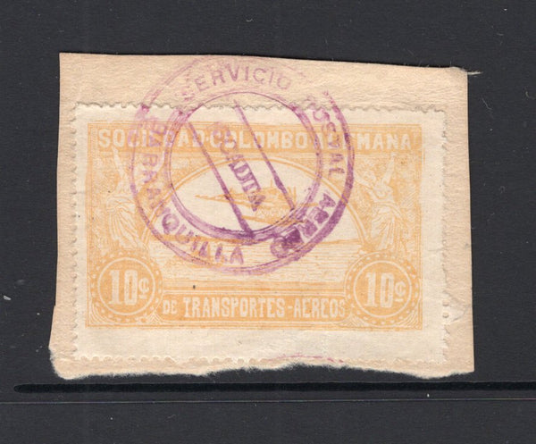 COLOMBIAN AIRMAILS - SCADTA - 1921 - VALIENTE ISSUE: 10c ochre yellow 'Valiente' issue tied on piece by undated SERVICIO POSTAL AEREO SCADTA BARRANQUILLA cds in purple. (SG 12)  (COL/33653)