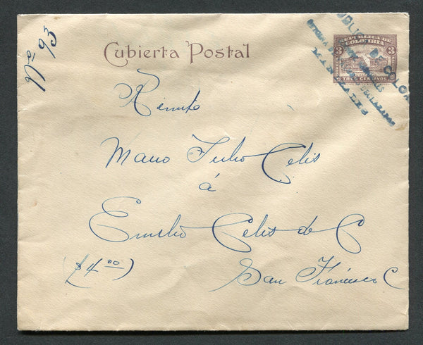 COLOMBIA - 1920 - POSTAL STATIONERY & CUBIERTA: Circa 1920. 3c grey violet on ivory postal stationery envelope (H&G B7A) used correctly as a 'Cubierta' with added strip of three 1918 3c lake reverse (SG 378 all with security punches) and tied by fine strike of three line REPUBLICA DE COLOMBIA CORREOS NACIONALES OFICINA DE VALORES DECLARADOS MANIZALES cancel in blue with additional strike on front. Addressed to SAN FRANCISCO, insured for 4 pesos and signed on arrival on reverse. Very rare correct use of thi