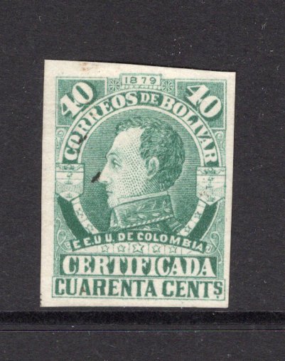 COLOMBIAN STATES - BOLIVAR - 1879 - PROOF: 40c green 'Registration' issue dated '1879' a fine IMPERF PROOF in UNISSUED COLOUR on white wove paper. Large margins all round. (As SG R17)  (COL/34260)