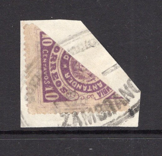 COLOMBIAN STATES - SANTANDER - 1889 - BISECT, CANCELLATION & USED IN BOLIVAR: 10c violet diagonally BISECTED and tied on piece by oval ZAMBRANO cancel in black. Zambrano is located in the state of Bolivar. Scarce. (SG 12)  (COL/35030)