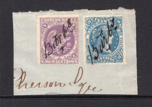 COLOMBIA - 1876 - CANCELLATION: 5c violet on white wove paper and 20c blue on white wove paper used on piece with BARBS (BARBACOAS) manuscript cancels. Both stamps have four margins. A fine item. (SG 84b & 86a)  (COL/35108)