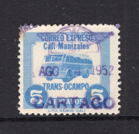 COLOMBIAN PRIVATE EXPRESS COMPANIES - 1952 - TRANSOCAMPO: 5c light blue 'Trans-Ocampo' EXPRESS issue showing picture of a Bus, established to run a service from Cali to Manizales, a fine used copy with part TRANSOCAMPO CARTAGO cancel dated AUG 14 1952. Scarce.  (COL/35646)