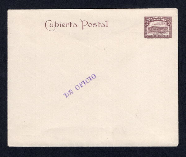 COLOMBIA - 1920 - POSTAL STATIONERY: 3c grey violet on ivory postal stationery envelope (H&G B7A) unused with 'DE OFICIO' (Specimen) handstamp in violet.  (COL/37765)