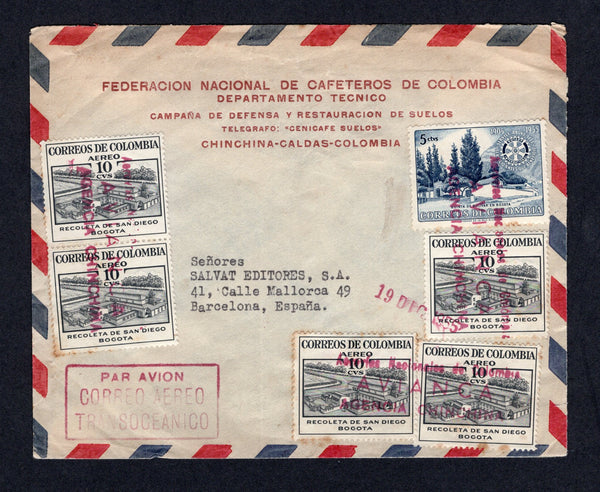 COLOMBIAN AIRMAILS - AVIANCA - 1955 - AIRMAIL, CANCELLATION & COFFEE THEMATIC: Printed 'Federacion Nacional de Cafeteros de Colombia' (Federation of Coffee Growers) airmail cover franked with 5 x 1954 10c black and 1955 5c deep blue (SG 789 & 853) tied by multiple strikes of three line AEROVIAS NACIONAL DE COLOMBIA AVIANCA AGENCIA CHINCHINA cancel in purple with '19 DIC 1955' date handstamp alongside. Addressed to SPAIN.  (COL/40643)