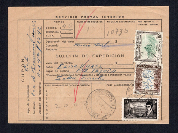 COLOMBIA - 1958 - PARCEL FORM: Servicio Postal Interior' BOLETIN DE EXPEDICION parcel post form franked with 1956 20c grey blue & deep brown and 60c myrtle green & sepia plus 1958 10c black (SG 883, 889 & 933) all tied by CALI ENCOMIENDAS Y VALORES cds's dated 25. VII. 1958. Addressed to PUERTO TEJADA with PTO TEJADA (CAU) arrival cds on front & reverse.  (COL/41707)