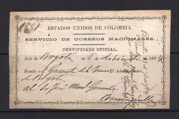COLOMBIA - 1883 - OFFICIAL CUBIERTA: Black on white wove paper OFFICIAL 'Cubierta' (H&G DCC7) used from BOGOTA to BARRANQUILLA.  (COL/41784)