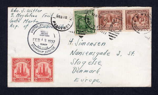 COLOMBIA - 1937 - MARITIME: Cover with 'Edw J Witter, C/o Magdalena Fruit, Santa Marta, Rep of Colombia' manuscript return address at top franked with 1932 1c deep green and pair 2c scarlet and 1934 pair 5c brown (SG 429/430 & 459) tied in transit by NEW YORK PAQUEBOT duplex cds's dated FEB 18 1937 with good strike of UNITED FRUIT COMPANY STEAMSHIP SERVICE POSTED ON THE HIGH SEAS PURSER S/S ULUA cds in black dated the same day alongside. Addressed to DENMARK.  (COL/41798)