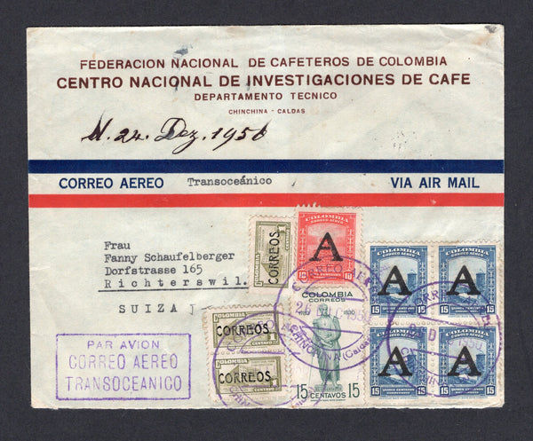 COLOMBIAN AIRMAILS - AVIANCA - 1950 - AIRMAIL, CANCELLATION & COFFEE THEMATIC: Printed 'Federacion Nacional de Cafeteros de Colombia' (Federation of Coffee Growers) airmail cover franked with 1948 15c green and 3 x 1c olive green with 'CORREOS' overprint (SG 687 & 690) plus Avianca 1950 10c vermilion and block of four 15c blue with large 'A' overprints (SG 2/3) all on front and 1948 1c carmine on reverse all tied by multiple strikes of large CORREO AEREO CHINCHIN (Caldas) cds in purple dated 26 DIC 1950. A