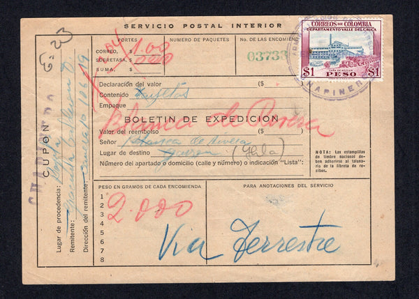 COLOMBIA - 1961 - PARCEL FORM: 'Servicio Postal Interior' BOLETIN DE EXPEDICION parcel post form franked with 1956 1p slate blue & reddish purple (SG 890) tied by large undated ENCOMIENDAS CHAPINERO cds. Addressed to BOGOTA with boxed arrival mark on reverse.  (COL/41848)