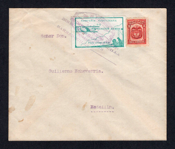 COLOMBIAN AIRMAILS - CCNA - 1922 - VALIENTE ISSUE: Cover franked with 1920 3c red on yellow National issue (SG 380) uncancelled and 1920 10c green 'Pilot signalling biplane' issue printed from the Curtis design by Valiente (SG 10) tied by undated oval CIA DE NAVIGACION AEREA AGENCIA BARRANQUILLA cancel and also by four line 'PRIMER CORREO AEREO DIRECCION DE BARRANQUILLA A MEDELLIN BARRANQUILLA _______' cachet, both in purple. Addressed to MEDELLIN. A fine & rare cover.  (COL/41922)