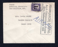 COLOMBIAN AIRMAILS - LANSA - 1952 - CONSULAR MAIL: Consular cover with typed 'FLOOD, American Consulate, BARRANQUILLA, Co.' at top left franked with 1950 20c violet with large 'L' overprint (SG 13) tied by CORREO AEREO BARRANQUILLA cds dated 2. V. 1952 with large boxed 'FRANQUICIA POSTAL Art 6, Convencion de Buenos Aires, Septiembre de 1921' official cachet in black alongside. Sent airmail to CANAL ZONE. Unusual.  (COL/41923)