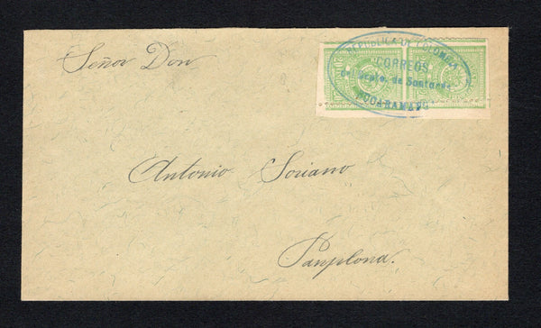 COLOMBIAN STATES - SANTANDER - 1904 - LOCAL POST ISSUE: Circa 1904 undated cover franked with a pair of 1904 20c green 'Department of Santander' LOCAL POST issue with variety IMPERF BETWEEN VERTICAL PAIR tied by fine strike of oval 'REPUBLICA DE COLOMBIA CORREOS DEL DEPTO DE SANTANDER BUCARAMANGA' cancel in blue. Addressed locally within Santander to PAMPLONA. An exceptionally rare cover. Fewer than 10 covers are known with this issue and a cover from the same correspondence was illustrated and annotated a