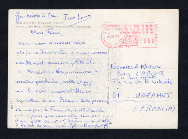 COLOMBIA - 1973 - ISLAND MAIL: Stampless colour PPC 'San Andres (Isla) Colombia Aspecto del Hotel Torino y Residencias Casablanca' used with fine SAN ANDRES 2p 50c METERMARK in red dated 19 XI 1973. Addressed to FRANCE.  (COL/42959)