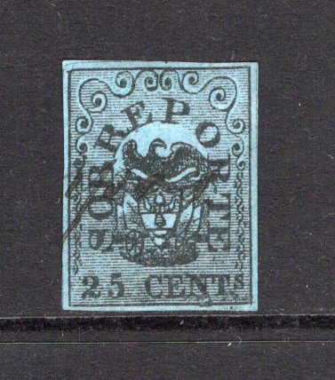 COLOMBIA - 1865 - CLASSIC ISSUES: 25c black on blue 'SOBREPORTE' issue, a fine four margin copy, used with part manuscript cancel. (SG 39)  (COL/43032)