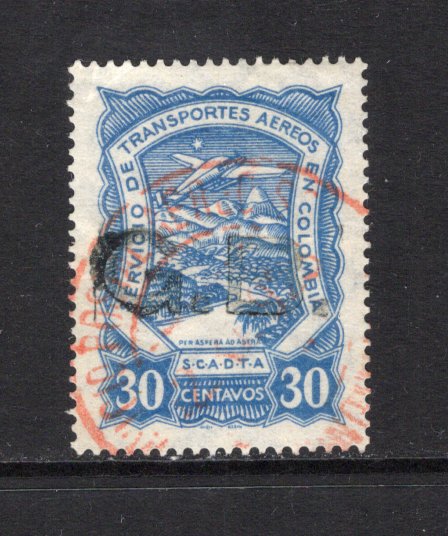 COLOMBIAN AIRMAILS - SCADTA - 1923 - CONSULAR ISSUE: 30c dull blue Scadta 'Consular' issue with 'G.B.' handstamp in black for use in GREAT BRITAIN, a fine used copy with red cds. (SG 48M)  (COL/43036)