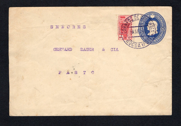 COLOMBIA - 1940 - POSTAL STATIONERY & CANCELLATION: 5c blue 'Columbus' postal stationery envelope (H&G B18) used with added 1940 ½c scarlet TAX issue (SG 543) tied by MOCOA (PUL) cds in deep purple dated 16 SEP 1940. Addressed internally to PASTO with arrival cds on reverse.  (COL/43086)
