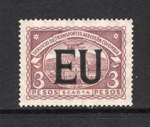 COLOMBIAN AIRMAILS - SCADTA - 1923 - CONSULAR ISSUE: 3p deep claret Scadta 'Consular' issue with 'EU' machine overprint in black for use in the USA, a fine unmounted mint copy. (SG 35F)  (COL/43298)