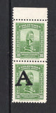 COLOMBIAN AIRMAILS - AVIANCA - 1950 - VARIETY: 30c green AIR issue, a fine mint vertical pair showing variety large 'A' OVERPRINT OMMITED on top stamp. Scarce. 1970 American Philatelic Society certificate accompanies. (SG 5 variety)  (COL/43314)