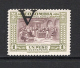 COLOMBIAN AIRMAILS - AVIANCA - 1950 - VARIETY: 1p slate purple & sage green AIR issue with variety large 'A' OVERPRINT INVERTED. A fine mint copy. 1970 American Philatelic Society certificate accompanies. (SG 10 variety)  (COL/43315)