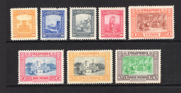 COLOMBIAN AIRMAILS - AVIANCA - 1951 - UNISSUED: Airmail issue with changed colours (originally overprinted for use by Avianca), the set of eight fine mint without overprint and UNISSUED as such. The 50c has a tiny fault but a very rare set. It is believed that only 50 sets exist. (Sanabria #265/272)  (COL/43318)