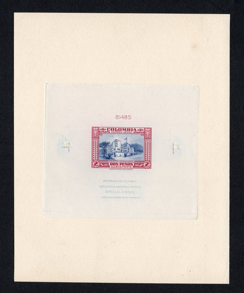 COLOMBIAN AIRMAILS - AVIANCA - 1951 - UNISSUED & PROOF: 2p blue & carmine Airmail issue with changed colours (originally overprinted for use by Avianca). A superb large format master DIE PROOF inscribed '81485' and 'REPUBLICA DE COLOMBIA BIBLIOTECA NACIONAL BOGOTA SPECIAL V-81525 AMERICAN BANK NOTE COMPANY'. Very fine & rare. Ex ABNCo. archive (As Sanabria #270)  (COL/43319)