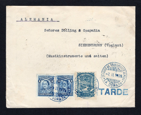 COLOMBIAN AIRMAILS - SCADTA - 1928 - CANCELLATION: Cover franked with 2 x 1923 4c blue national issue and 1923 30c dull blue 'Scadta' issue (SG 395 & 41) all tied by multiple fine strikes of SERVICIO TRANSPORTES AEREOS LA DORADA cds in blue dated 7.II.1928 with straight line 'TARDE' alongside also in blue. Addressed to GERMANY with BARRANQUILLA transit marks on reverse. A very scarce origination.  (COL43522)