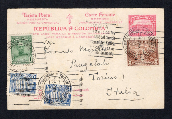 COLOMBIA - 1939 - POSTAL STATIONERY: 2c red + 2c rose red postal stationery reply card (H&G 21, reply half only) used with added 1939 1c blue green and 5c reddish brown plus 2 x 1939 ¼c blue TAX issue (SG 533, 535 & 522) tied by BUENAVENTURA machine cancels dated 5 AUG 1939. Addressed to ITALY.  (COL43643)