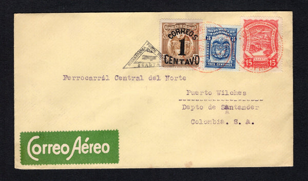 COLOMBIAN AIRMAILS - SCADTA - 1926 - FIRST FLIGHT: Cover franked with 1923 3c blue & 1925 1c on 3c brown National issues (SG 394 & 405) plus SCADTA 1923 15c carmine red (SG 39) tied by BUCARAMANGA cds's in red dated 27 III 1926 with green airmail label alongside. Flown on the BUCARAMANGA - PUERTO WILCHES flight by COSADA with small triangular 'BUCARAMANGA PUERTO WILCHES SCADTA' first flight cachet in black. Addressed to PUERTO WILCHES with arrival cds on reverse. A scarce flight. (Muller #40, rated 1500pts