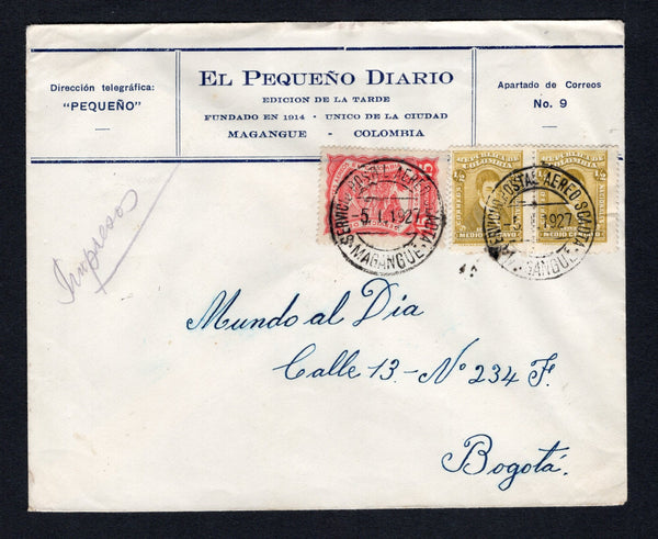 COLOMBIAN AIRMAILS - SCADTA - 1927 - RATE: Unsealed commercial cover with manuscript 'Impresos' on front franked with 1917 pair ½c bistre National issue and 1923 15c carmine red SCADTA issue (SG 357 & 39) tied by MAGANGUE SCADTA cds's dated 5.1.1927. Addressed to BOGOTA with arrival cds on reverse.  (COL43830)