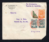 COLOMBIAN AIRMAILS - SCADTA - 1923 - BISECT & CORREO URBANO: Commercial cover with typed 'Por Hidroavion Papeles de Negocios' at top franked with diagonally BISECTED 1920 3c green National issue and 1921 5c orange yellow and pair 10c slate green SCADTA issue (SG 384 & 18/19) tied by multiple strikes of BARRANQUILLA SCADTA cds in red dated 29 II 1923. Addressed to BOGOTA with DEPARTAMENTO DE CORREO URBANO arrival cds on reverse. Correct 'Papeles Negocios' snipped corner at lower right.  (COL43833)