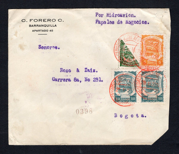 COLOMBIAN AIRMAILS - SCADTA - 1923 - BISECT & CORREO URBANO: Commercial cover with typed 'Por Hidroavion Papeles de Negocios' at top franked with diagonally BISECTED 1920 3c green National issue and 1921 5c orange yellow and pair 10c slate green SCADTA issue (SG 384 & 18/19) tied by multiple strikes of BARRANQUILLA SCADTA cds in red dated 29 II 1923. Addressed to BOGOTA with DEPARTAMENTO DE CORREO URBANO arrival cds on reverse. Correct 'Papeles Negocios' snipped corner at lower right.  (COL43833)