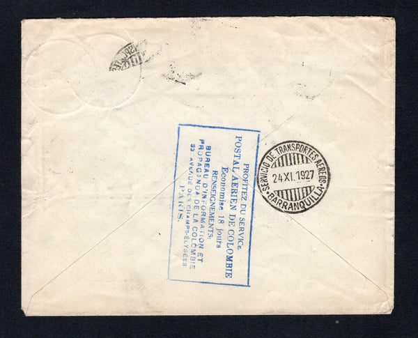 COLOMBIAN AIRMAILS - SCADTA - 1927 - CONSULAR AGENTS CACHETS: Cover franked 1923 8c blue National issue and 1923 30c dull blue SCADTA issue (SG 397 & 41) tied by BOGOTA SCADTA cds's dated 2. XI. 1927. Addressed to FRANCE with fine strike of boxed 'Profitez du Service Postal Aerien de Colombie Economise 18 Jours Renseignements, Bureau d'Information et Propagande de la Colombie 33 Avenue des Champs-Elysees PARIS' French consular agents cachet in blue on reverse. An uncommon cachet.  (COL43834)