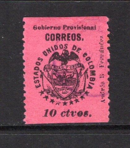 COLOMBIA - 1900 - 1000 DAYS WAR - CUCUTA ISSUE: 10c black on deep pink second 'Cucuta' PROVISIONAL issue inscribed 'Gobierno Provisional' with 'Andres B. Fernandez' handstamp in black at right, a fine cds used copy. (SG 191n)  (COL43942)