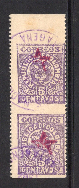 COLOMBIA - 1902 - 1000 DAYS WAR & VARIETY: 5c violet 'Cartagena' issue with 'Star' control overprint in magenta. A fine cds used IMPERF BETWEEN PAIR. (SG 187 variety)  (COL43943)