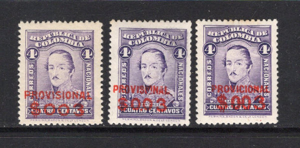COLOMBIA - 1921 - PROVISIONAL ISSUE: '$003'c on 4c purple 'Provisioanl' SURCHARGE issue, the set of three different types fine mint. (SG 390/392)  (COL43952)