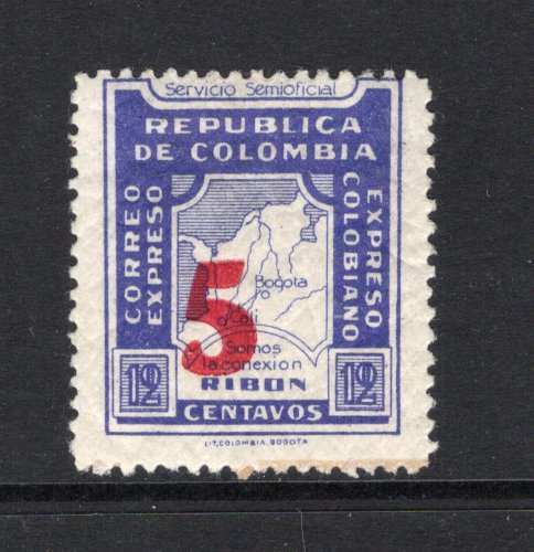 COLOMBIAN PRIVATE EXPRESS COMPANIES - 1934 - RIBON: 5c on 12c violet blue 'Ribon' EXPRESS issue, a fine mint copy. (Hurt & Williams #9)  (COL43958)