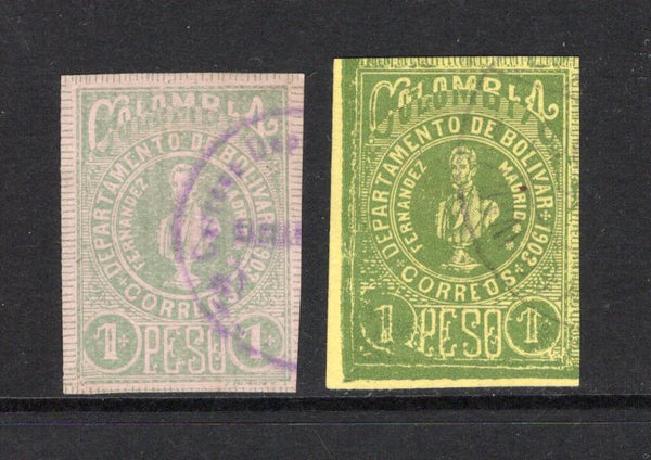 COLOMBIAN STATES - BOLIVAR - 1903 - DEFINITIVE ISSUE: 1p green on lavender and 1p green on yellow, imperf, both shades fine used. (SG 68A/68Aa)  (COL44273)