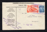 COLOMBIAN PRIVATE EXPRESS COMPANIES - 1928 - TOBON: Cover franked with 1923 4c blue national issue (SG 395) and 1927 6c red EL EXPRESO TOBON 'Train' issue (Hurt & Williams #S24) tied by boxed AGENCIA POSTAL PEREIRA cancel dated 1 FEB 1928 with fine strike of '"EL EXPRESO" CORREO DIARIO ENTRE BUENAVENTURA - MANIZALES - POPAYAN - ARMENIA PROPIETARIO PABLO E. TOBON OFICIAN DE PEREIRA' handstamp and straight line '1 FEB 1928' datestamp in purple alongside. Addressed to MANIZALES. Cover slightly trimmed at top 