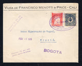 COLOMBIAN PRIVATE EXPRESS COMPANIES - 1928 - RIBON: Cover franked with 1926 4c deep blue national issue (SG 411) and 1927 6c red 'Ribon' EXPRESS issue (Hurt & Williams #4) tied by large oval EXPRESO COLOMBIANO DEL PACIFICO TRANSPORTES Y COMISIONES J.G. RIBON & CIA OFICINA DE CALI (VALLE) cancel in purple dated 9 MAR 1928 with two strikes of two line 'Conteste Ud. por este correo rapido de Ribon' marking in purple alongside. Addressed to BOGOTA with arrival cds on reverse.  (COL45160)