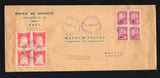 COLOMBIAN PRIVATE EXPRESS COMPANIES - 1931 - RIBON: Long printed 'Banco de Colombia, Cali' cover franked with block of four 1923 5c claret national issue (SG 396) and block of four 1927 6c red 'Ribon' EXPRESS issue (Hurt & Williams #4) cancelled by multiple strikes of CONDUCTO RIBO CORREOS - CALI cds's in purple dated 22 ABR 1931 with two line 'Conteste Ud. por este correo rapido de Ribon' marking also in purple alongside. Addressed to BOGOTA with arrival cds on front. A nice multiple used on cover.  (COL4